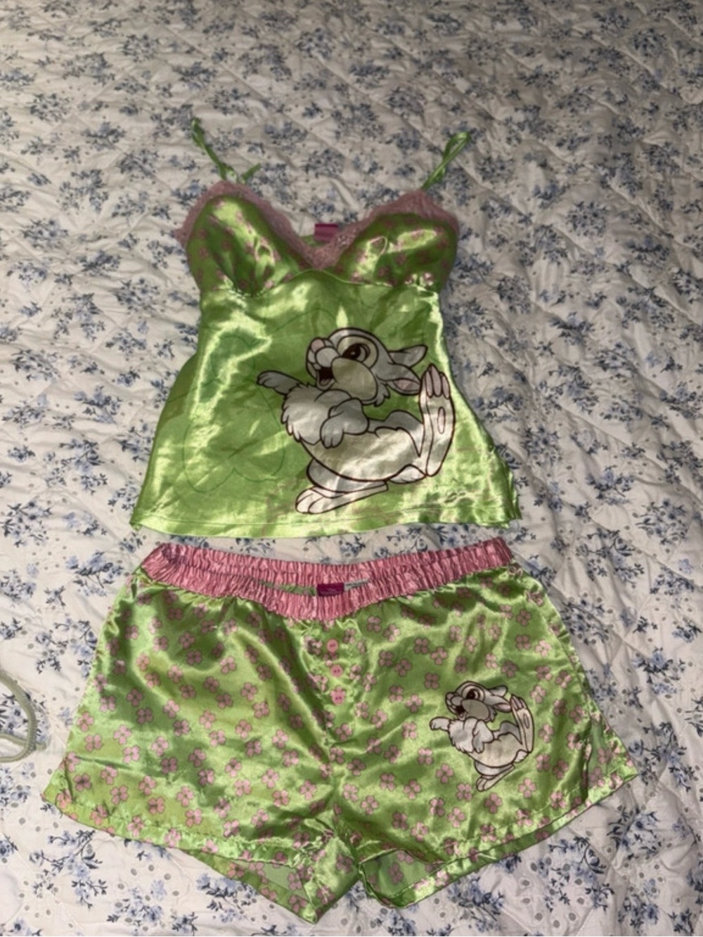 Disney Satin Bunny Cami & Shorts Set in Lime Green with Pink Trim
